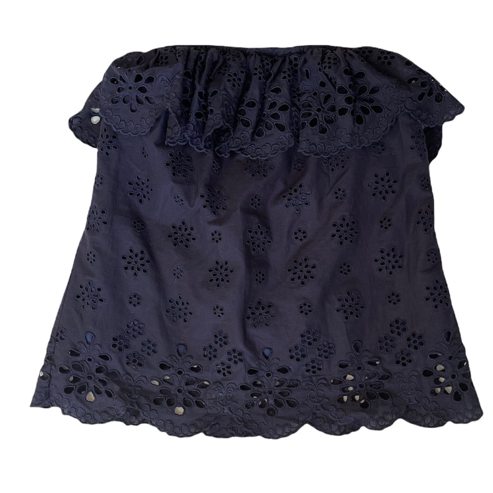 Milly | Blue 100% Cotton Eyelet Lace Ruffle Strapless Top with Scalloped Hem  4 - Picture 2 of 12
